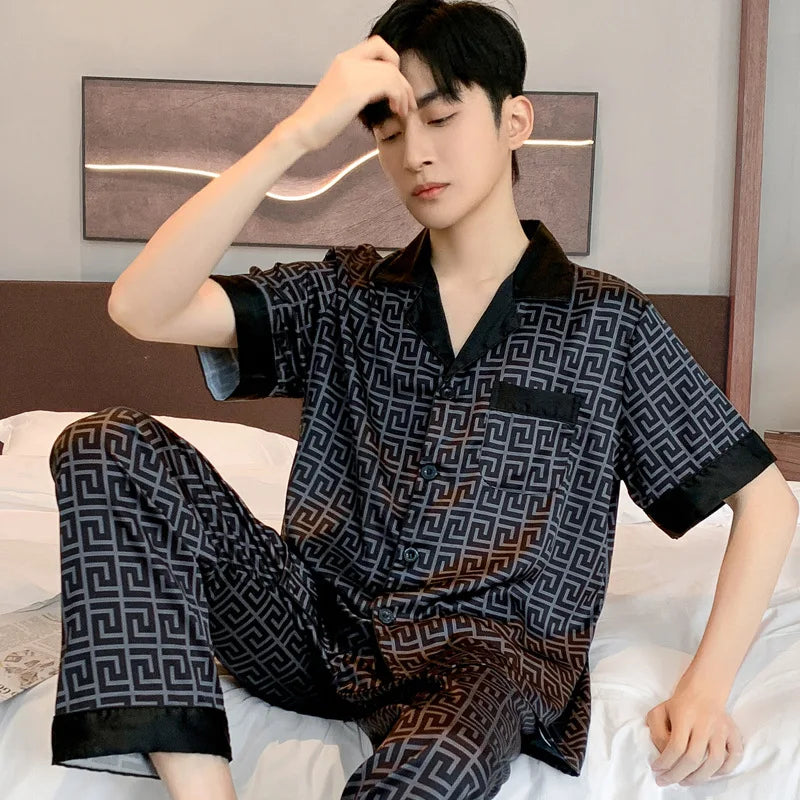 Pajamas Men Spring Summer Thin Ice Silk Luxurious Loose Fitting Home Wear Suit Male Satin Pijamas Set Night Sleep-Suit Gentlemen