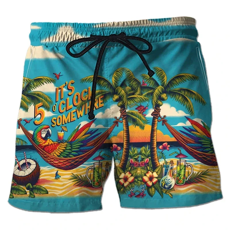 Parrot Toucan Men Tropical Plants Pattern Hawaiian Beach Shorts Surf Board Shorts Quick Dry Swim Trunks