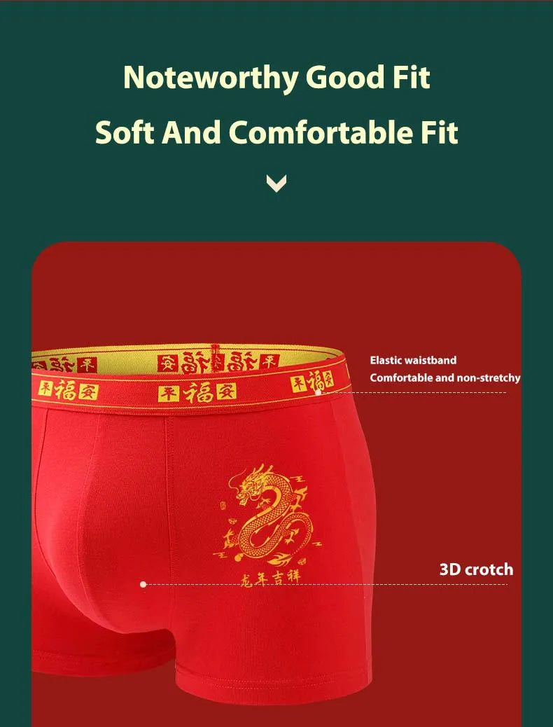 Men's Boxer Briefs Pure Cotton New Year Red Print Men Boxer Shorts Sexy Underpants Lucky Underwear Boxershorts Large Size l-5XL