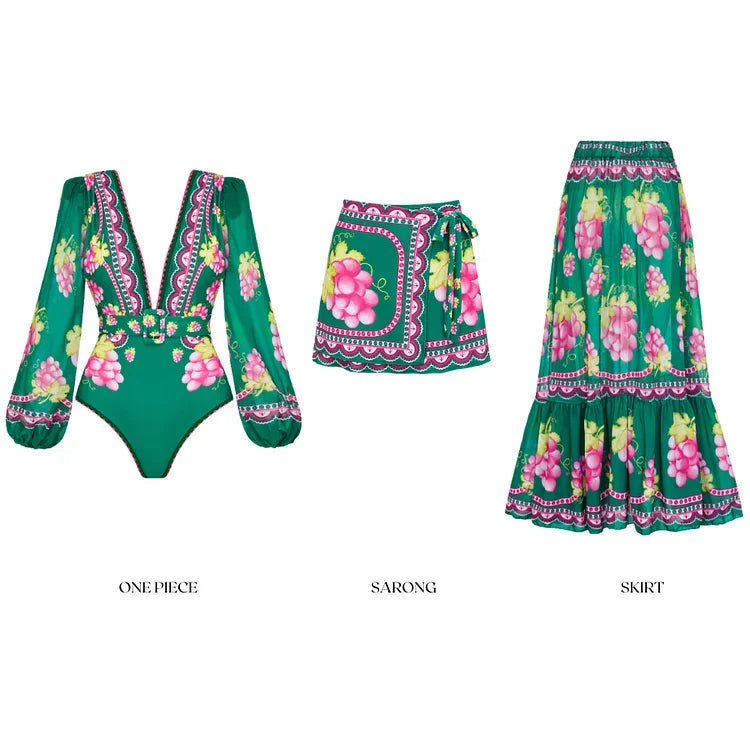 2025 Women Long-sleeved Jungle Green Print One Piece Swimsuit and Skirt Woman Swimwear Summer Bathing Suit