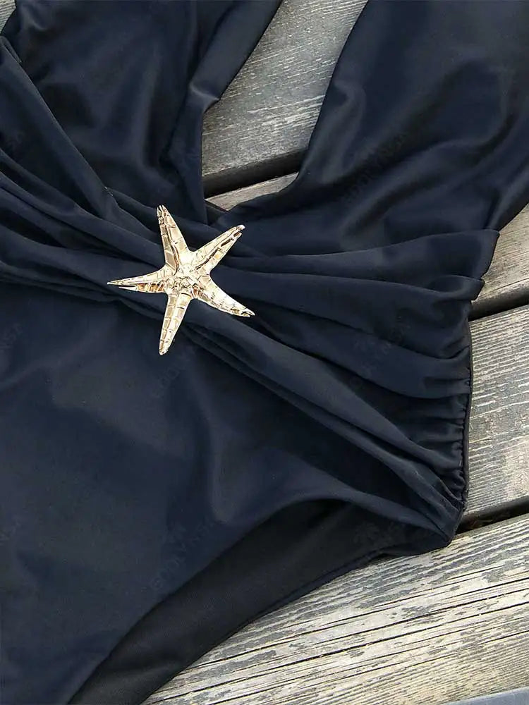 2 Piece Starfish One Piece Bathing Suits with High Split Skirt Cover ups Sexy Halter Bikini Sets K59
