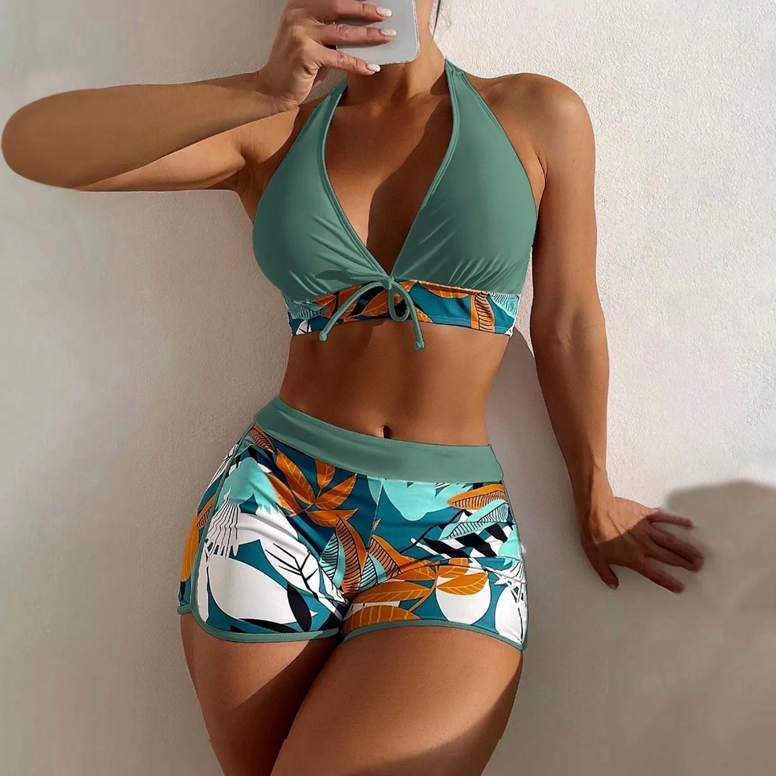 PLANT Bikini shorts Set  High Waist Swimsuit 2 Pieces Plant Print  Bathing Swim Suit Beachwear