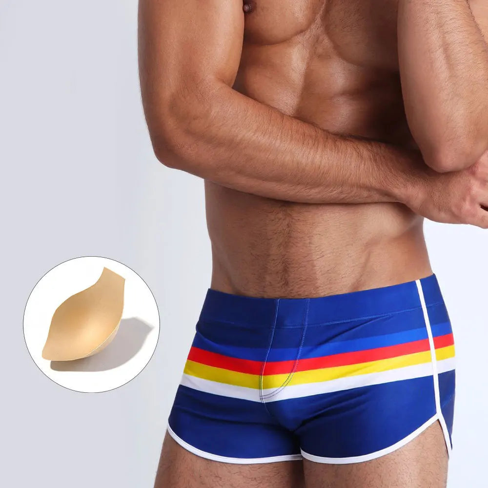 Mens Swim Boxer Striped Swimsuit Pouch Enhance