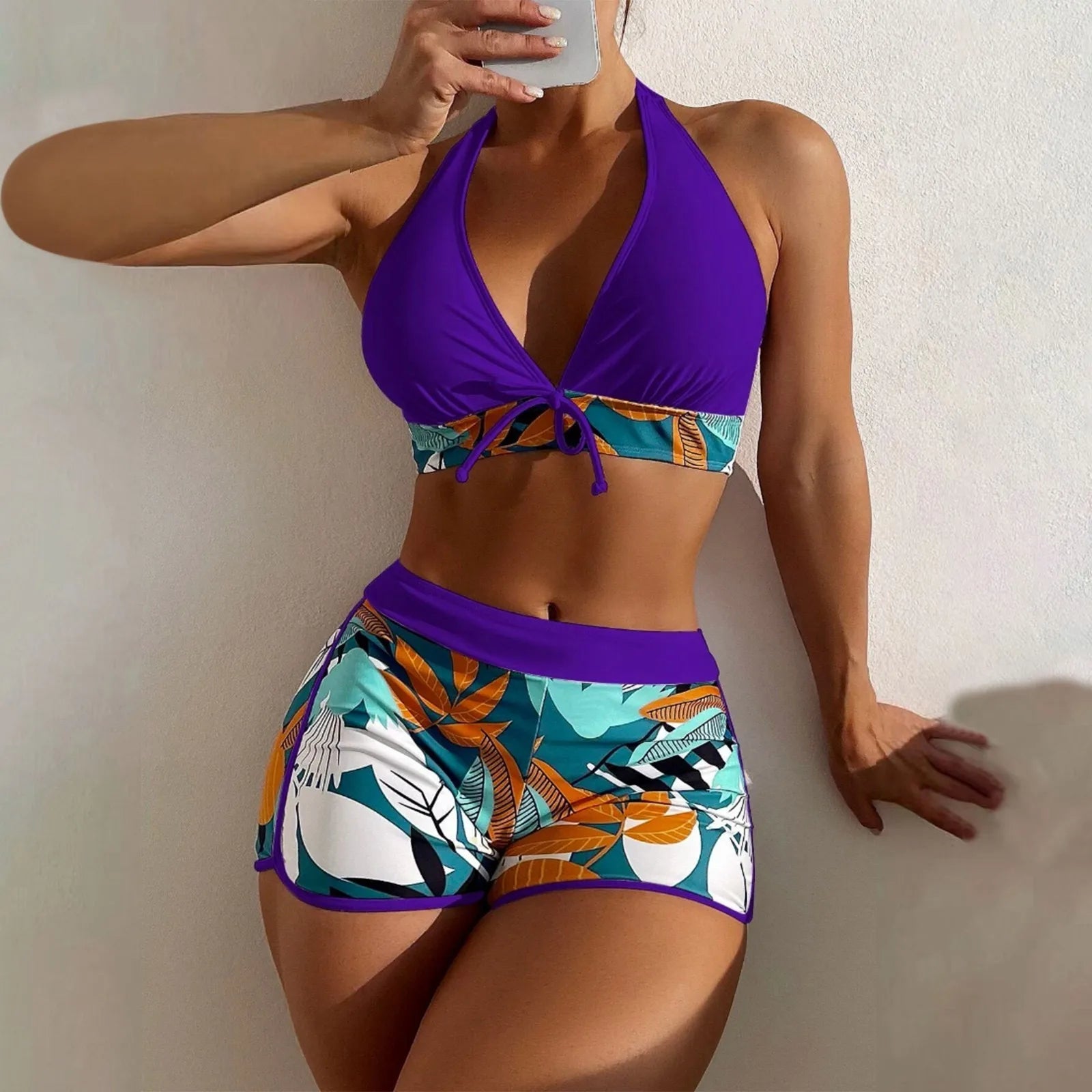 PLANT Bikini shorts Set  High Waist Swimsuit 2 Pieces Plant Print  Bathing Swim Suit Beachwear