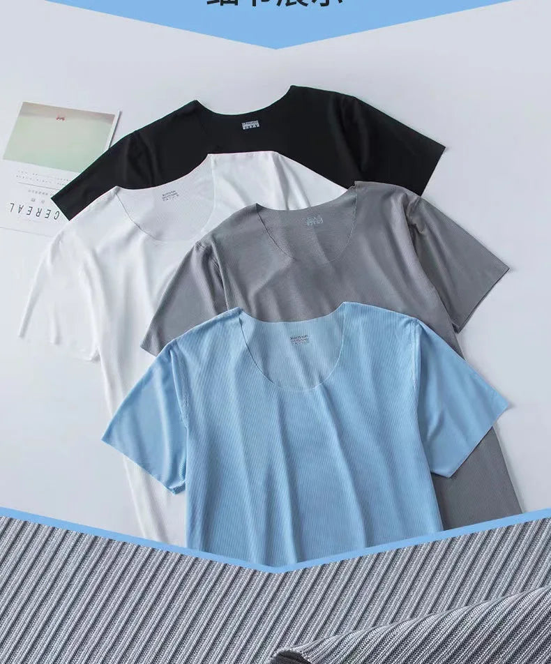 Men's Summer Thin Pajamas Suit Home Wear Seamless Short Sleeve Shorts Sleepwear Sets Non-trace Ice Silk Lounge Nightwear for Men