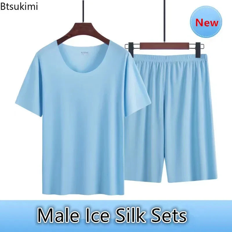 Men's Summer Thin Pajamas Suit Home Wear Seamless Short Sleeve Shorts Sleepwear Sets Non-trace Ice Silk Lounge Nightwear for Men