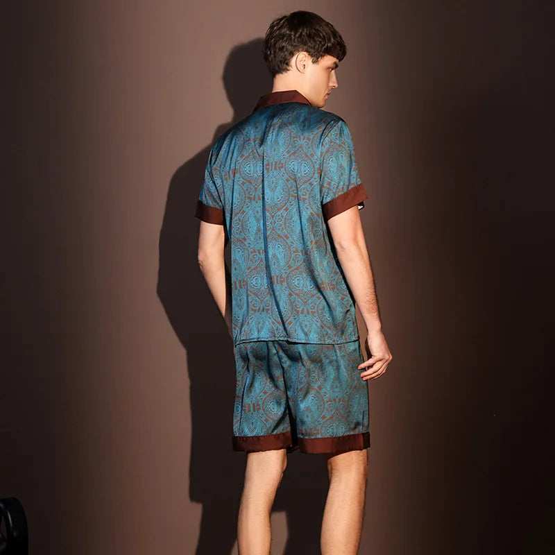 Large Size 3XL Men Pajama 2Pcs Set Summer New Short Sleeve Shorts Pajamas Suit Loose Ice Silk Satin Sleepwear Male Home Clothes