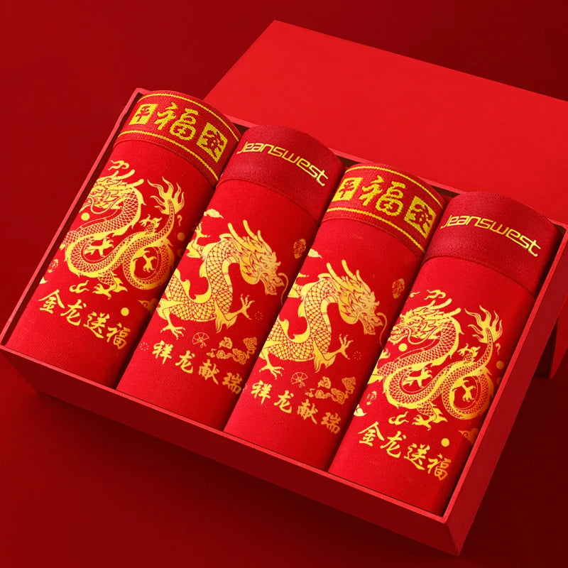 Men's Boxer Briefs Pure Cotton New Year Red Print Men Boxer Shorts Sexy Underpants Lucky Underwear Boxershorts Large Size l-5XL