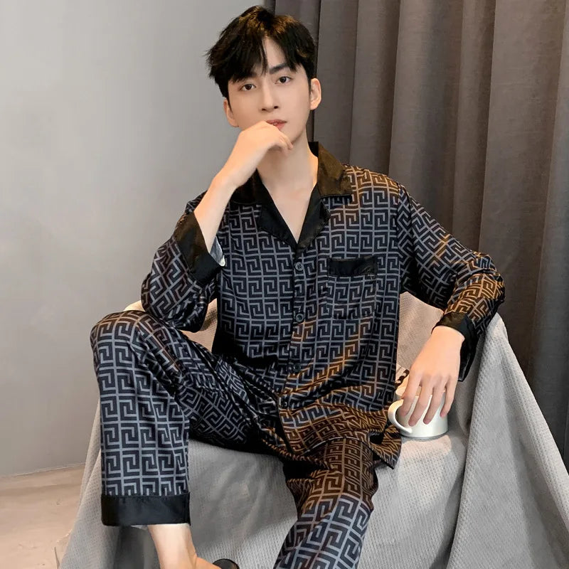 Pajamas Men Spring Summer Thin Ice Silk Luxurious Loose Fitting Home Wear Suit Male Satin Pyjamas Set Night Sleep-Suit Gentlemen