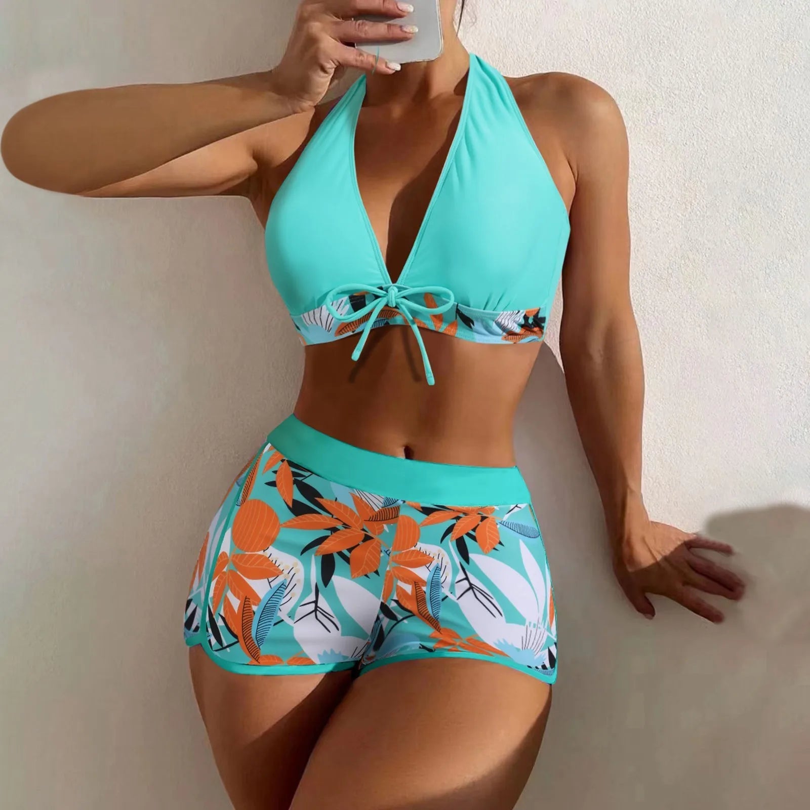 PLANT Bikini shorts Set  High Waist Swimsuit 2 Pieces Plant Print  Bathing Swim Suit Beachwear