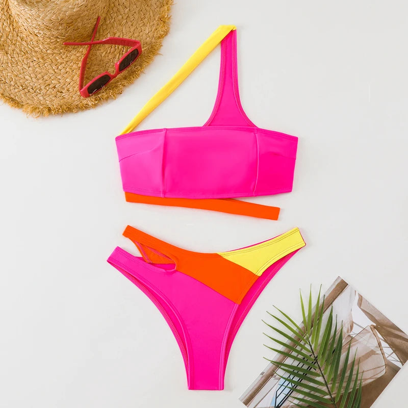 80’s Retro Female Swimwear Sexy Asymmetric High Cut Swimsuit Swim Bathing New Women 2025 One Shoulder Splicing Color Bikini Two Piece Set