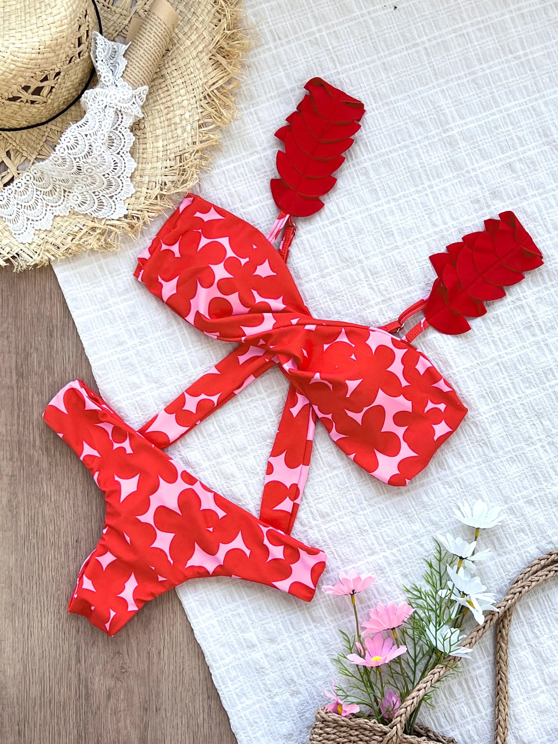 New Floral Low Waist Bikini Set Women Swimsuit 2024 Trend Bandeau Biquini Swiwmear Mujer Brazilian Bathing Suits Beachwear