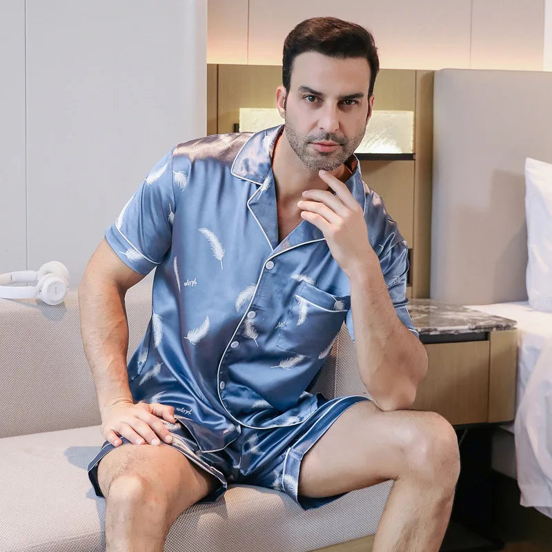 Mens Silk Satin Print Pajamas Set Short Sleeved Pocket Button Shirt Shorts Bottom For Summer Loungewear Sleepwear Home Wear Suit