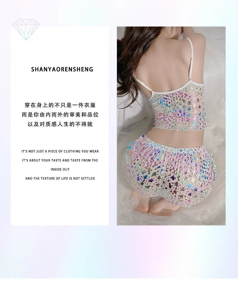 2Pcs Women Sexy Pajama Set Print Mesh Silk Spaghetti Strap Top Shorts Pajama Women Sleepwear Femme Pajamas