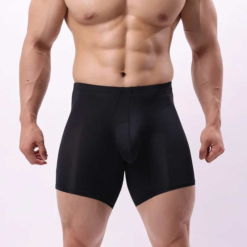 EUR Size Men Long Leg Boxer Shorts Mid Waist With Pouch Thin Silk Male and Breathable