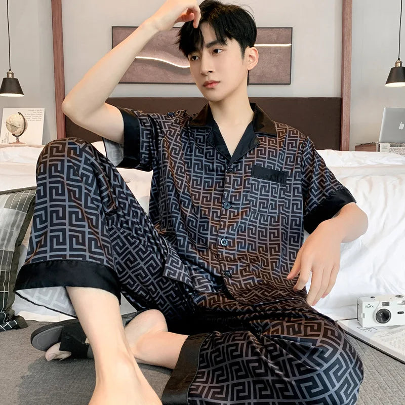 Pajamas Men Spring Summer Thin Ice Silk Luxurious Loose Fitting Home Wear Suit Male Satin Pijamas Set Night Sleep-Suit Gentlemen