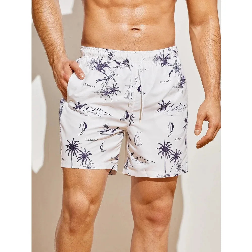 Men's 3d Coconut Tree Printed Swimsuit Swimming Shorts Summer Soft And Breathable Polyester Beach Shorts Surfing Shorts