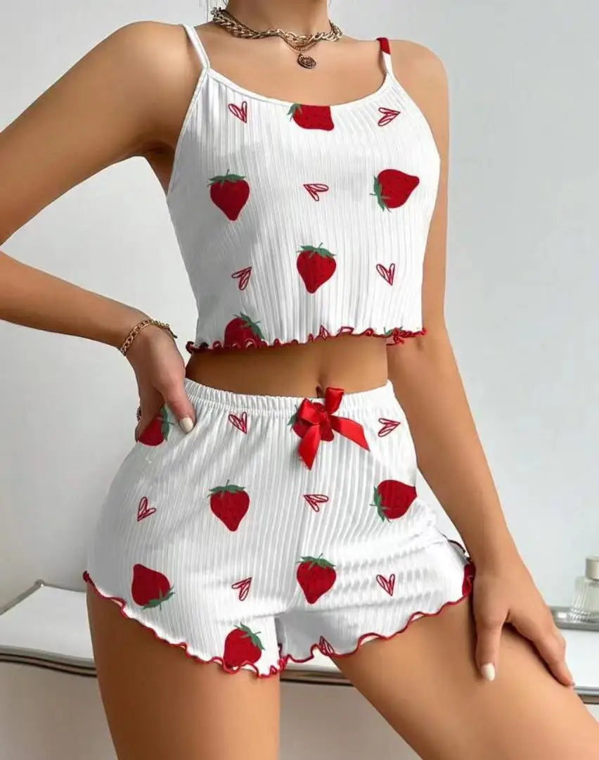 New Strawberry Print Sleepwear Set Women's Ribbed Pajamas with Hearts & Bow Soft Comfy Lounge Set with Shorts Cute Summer