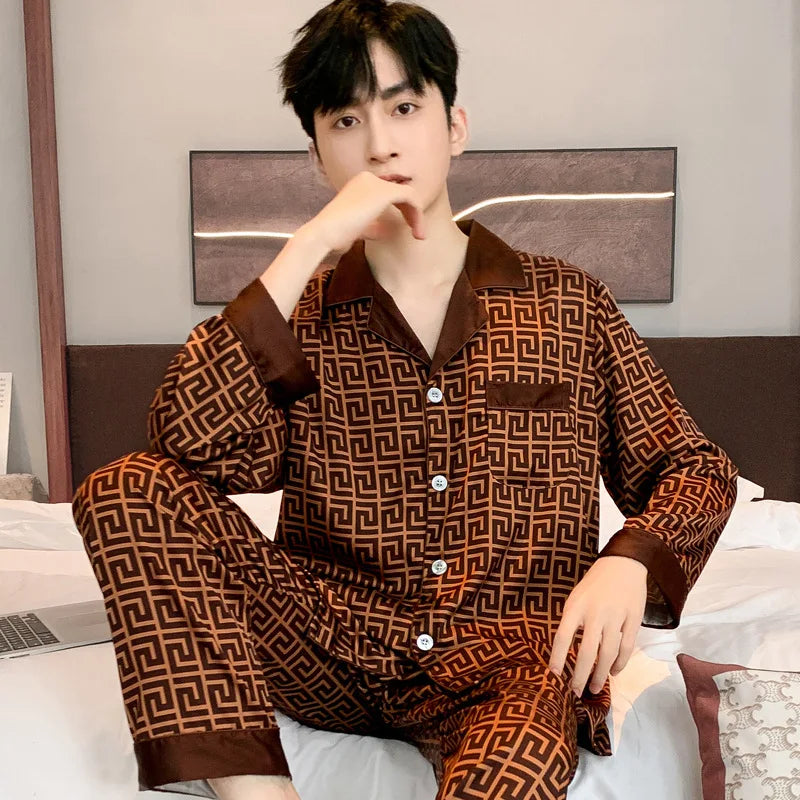 Pajamas Men Spring Summer Thin Ice Silk Luxurious Loose Fitting Home Wear Suit Male Satin Pyjamas Set Night Sleep-Suit Gentlemen