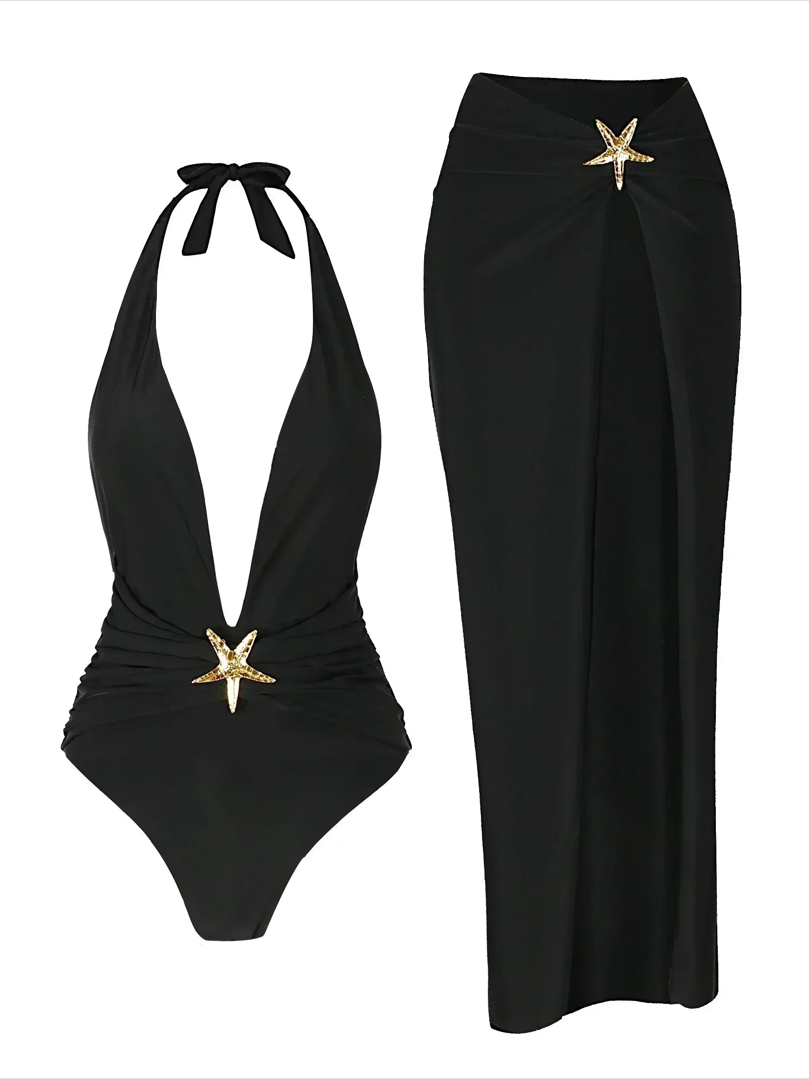 2 Piece Starfish One Piece Bathing Suits with High Split Skirt Cover ups Sexy Halter Bikini Sets K59