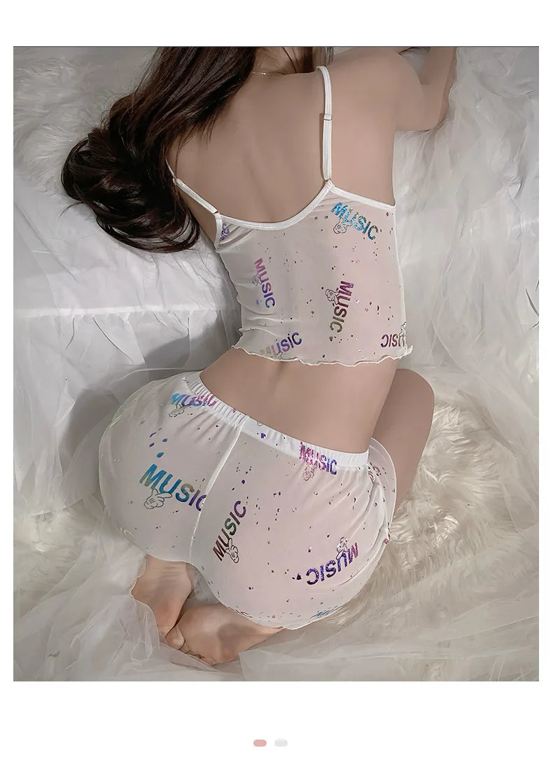 2Pcs Women Sexy Pajama Set Print Mesh Silk Spaghetti Strap Top Shorts Pajama Women Sleepwear Femme Pajamas