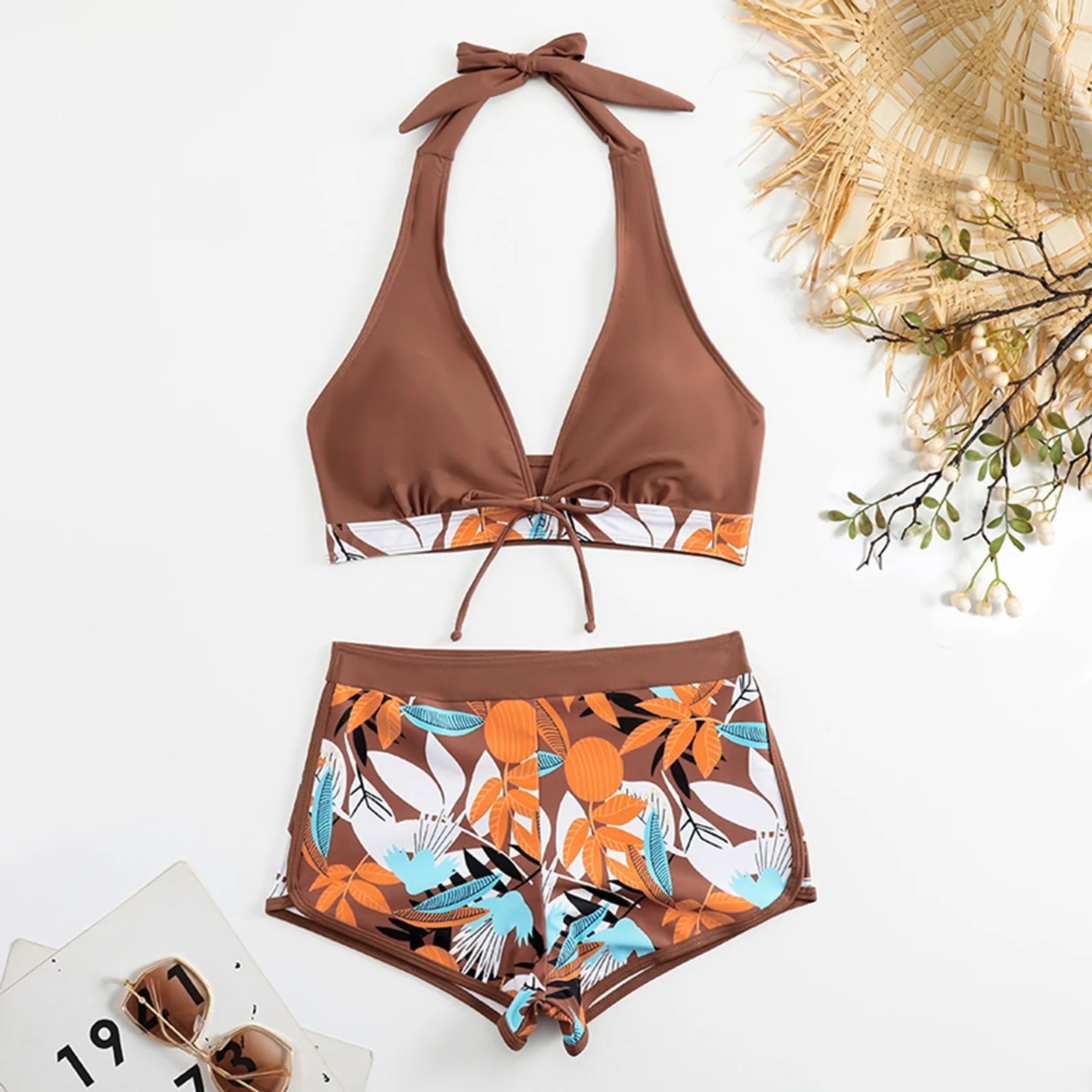 PLANT Bikini shorts Set  High Waist Swimsuit 2 Pieces Plant Print  Bathing Swim Suit Beachwear