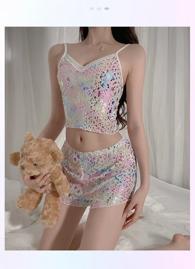 2Pcs Women Sexy Pajama Set Print Mesh Silk Spaghetti Strap Top Shorts Pajama Women Sleepwear Femme Pajamas