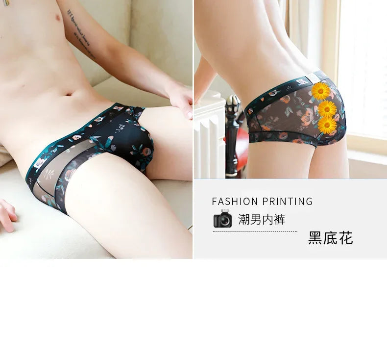 Mens FLORAL Mesh Briefs Summer Breathable Quick Dry Printed Underwear Male Sexy Ultra-thin with Bulge Pouch