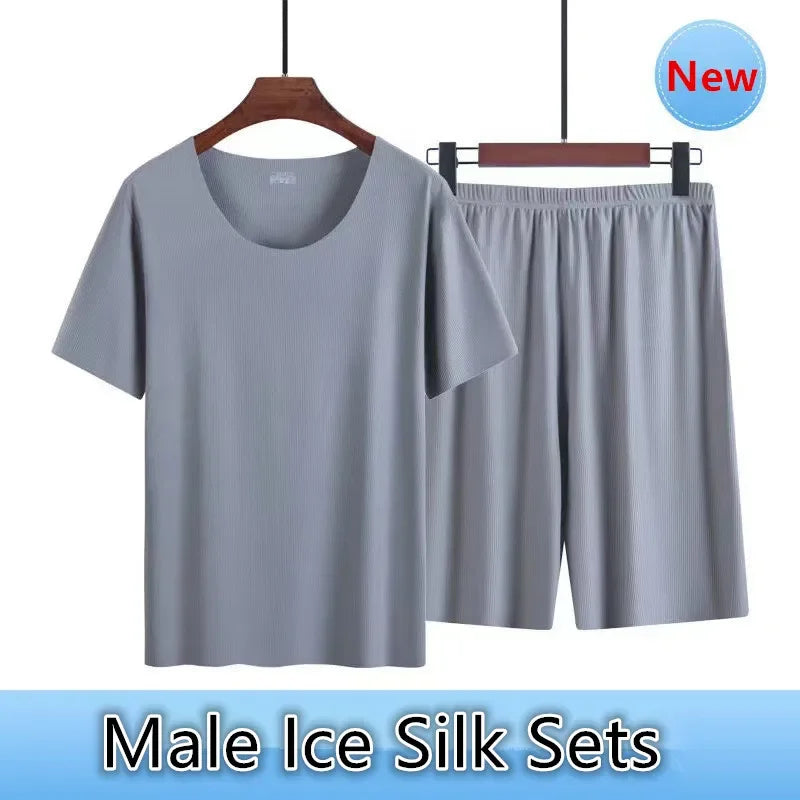 Men's Summer Thin Pajamas Suit Home Wear Seamless Short Sleeve Shorts Sleepwear Sets Non-trace Ice Silk Lounge Nightwear for Men
