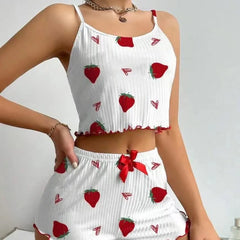 New Strawberry Print Sleepwear Set Women's Ribbed Pajamas with Hearts & Bow Soft Comfy Lounge Set with Shorts Cute Summer