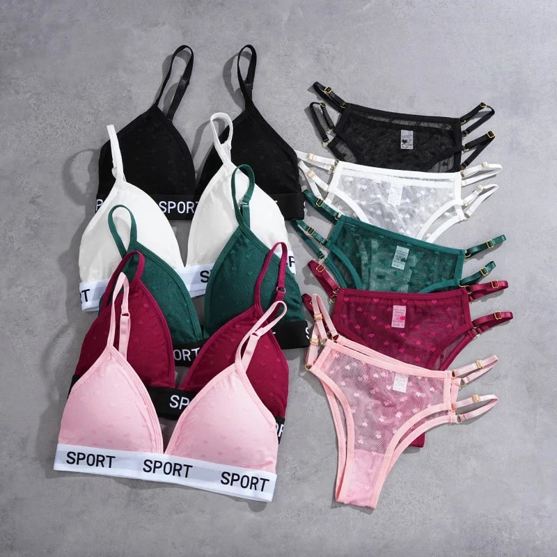 Women Bras Set Dot Push Up Bras Female Transparent Breathable Brazilian Panties Low Waist Bikini Ladies Soft Underwear Set