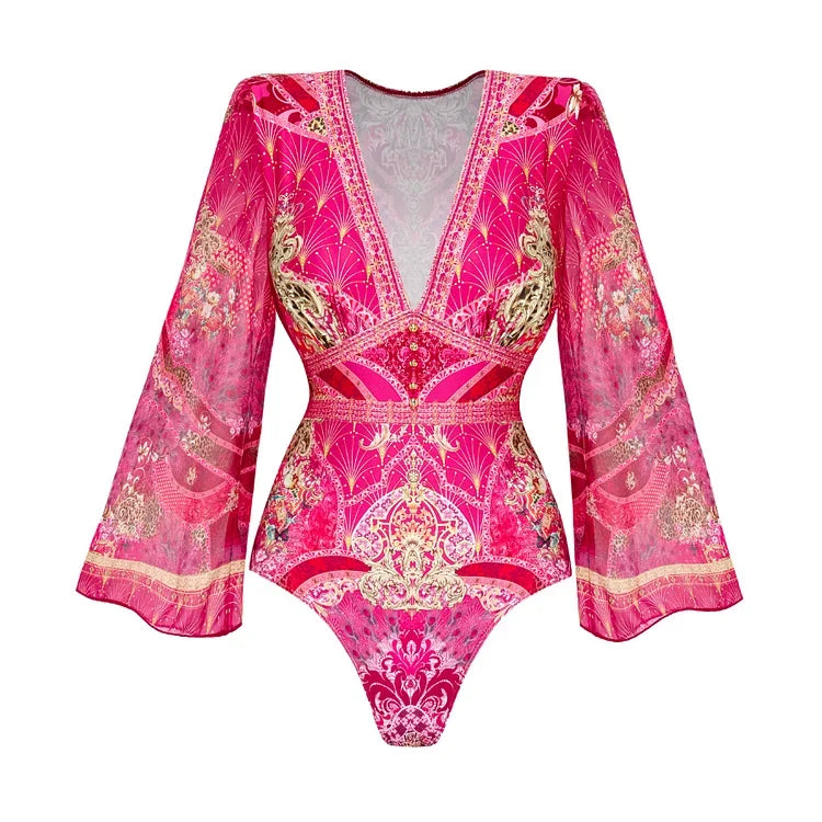 2025 Women Long-sleeved Jungle Green Print One Piece Swimsuit and Skirt Woman Swimwear Summer Bathing Suit