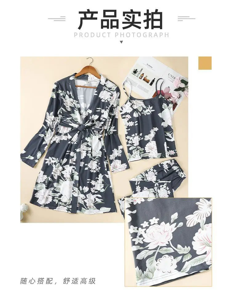 Solid Color 3-piece Pajamas, Soft Long Robe, Sleeveless V-neck Top And Elastic Pants, Summer Casual Wear, Comfortable