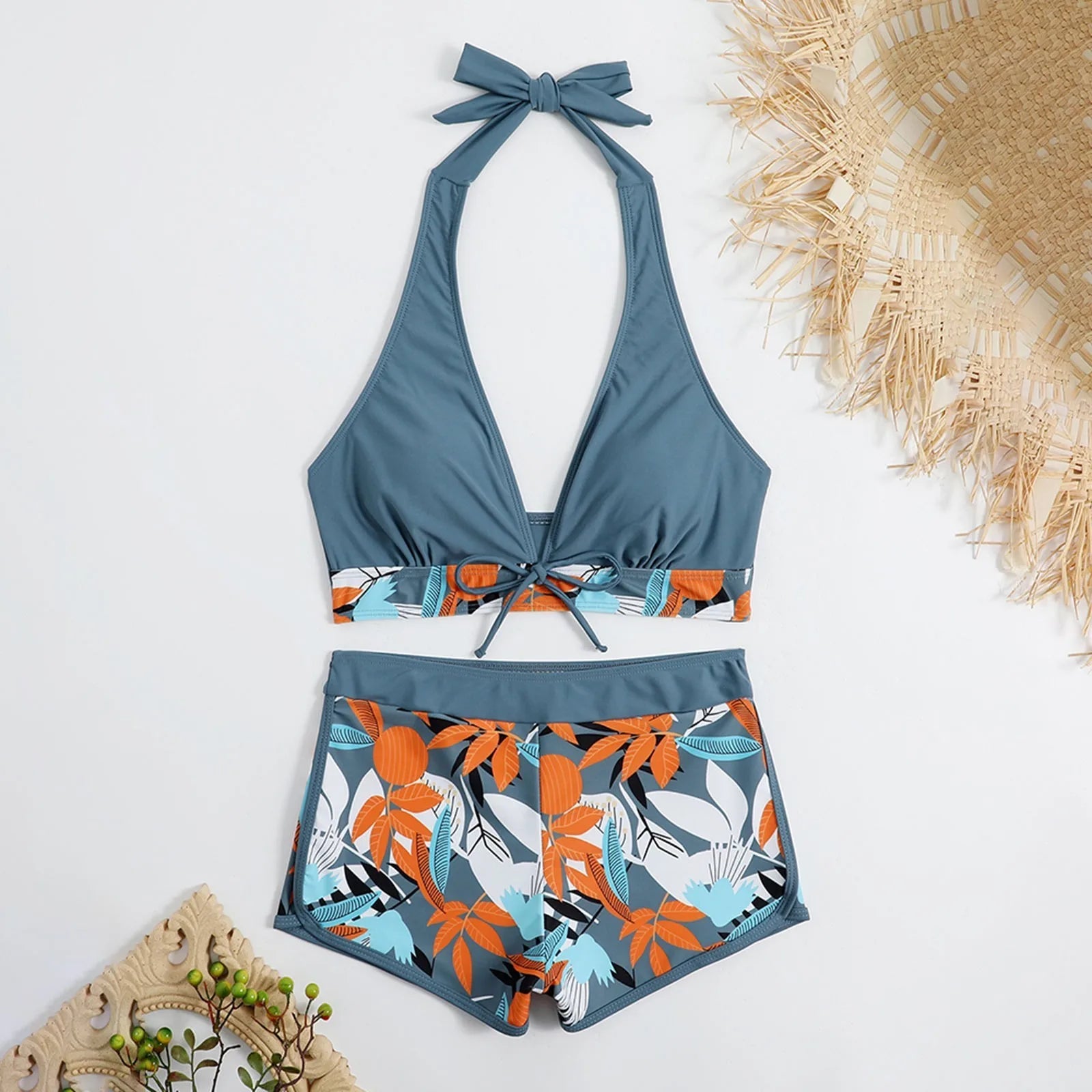 PLANT Bikini shorts Set  High Waist Swimsuit 2 Pieces Plant Print  Bathing Swim Suit Beachwear