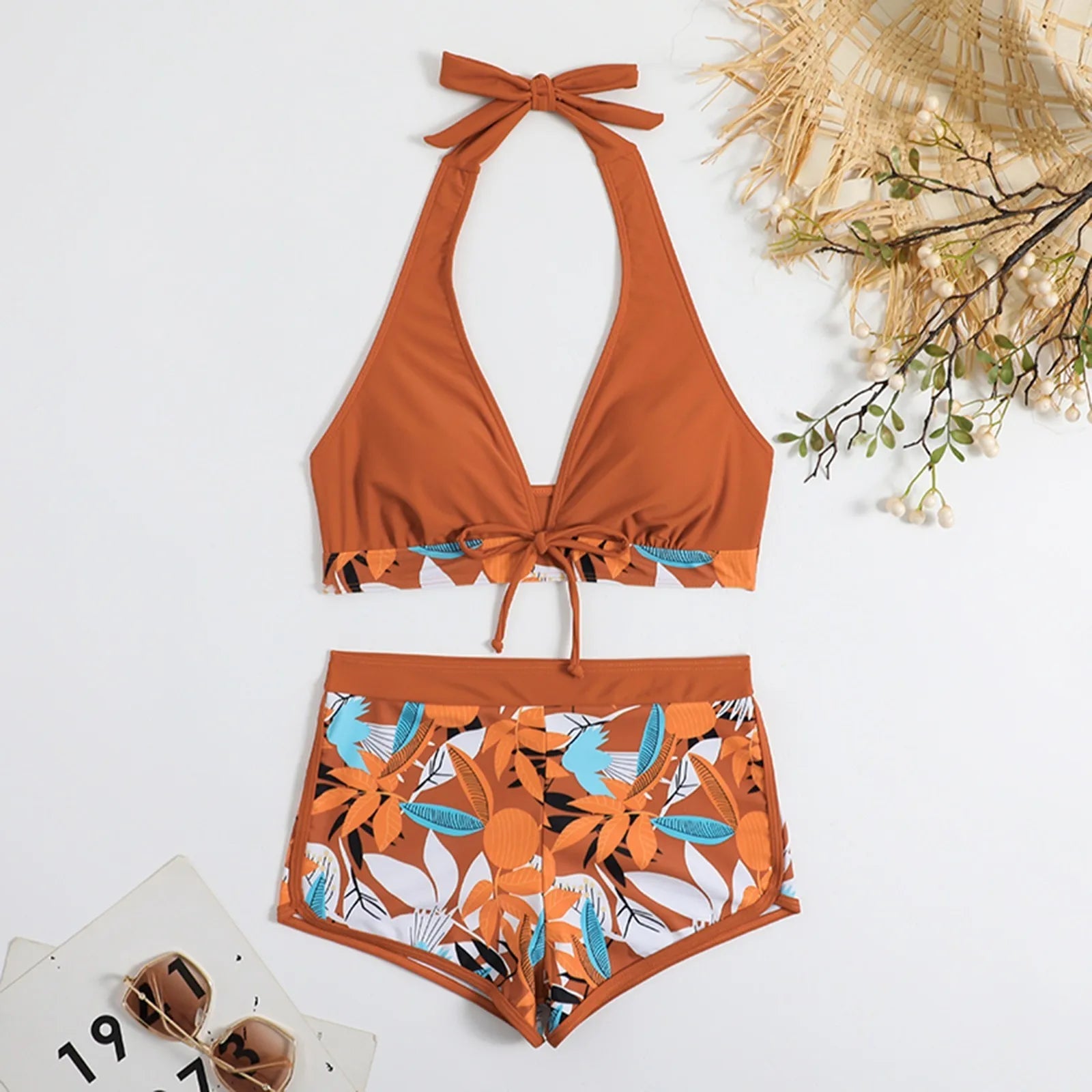 PLANT Bikini shorts Set  High Waist Swimsuit 2 Pieces Plant Print  Bathing Swim Suit Beachwear