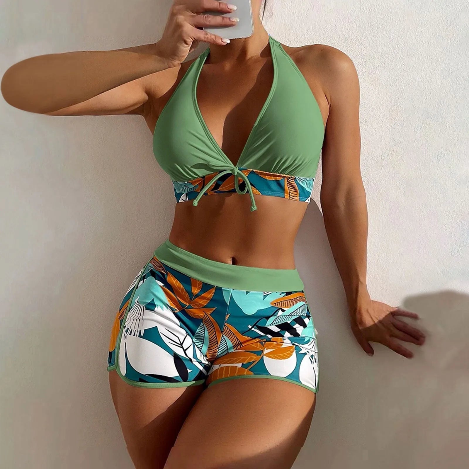 PLANT Bikini shorts Set  High Waist Swimsuit 2 Pieces Plant Print  Bathing Swim Suit Beachwear