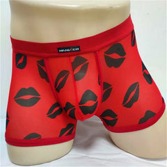 Men See through Boxer Briefs Shorts Underwear Mesh Bulge Pouch red lips