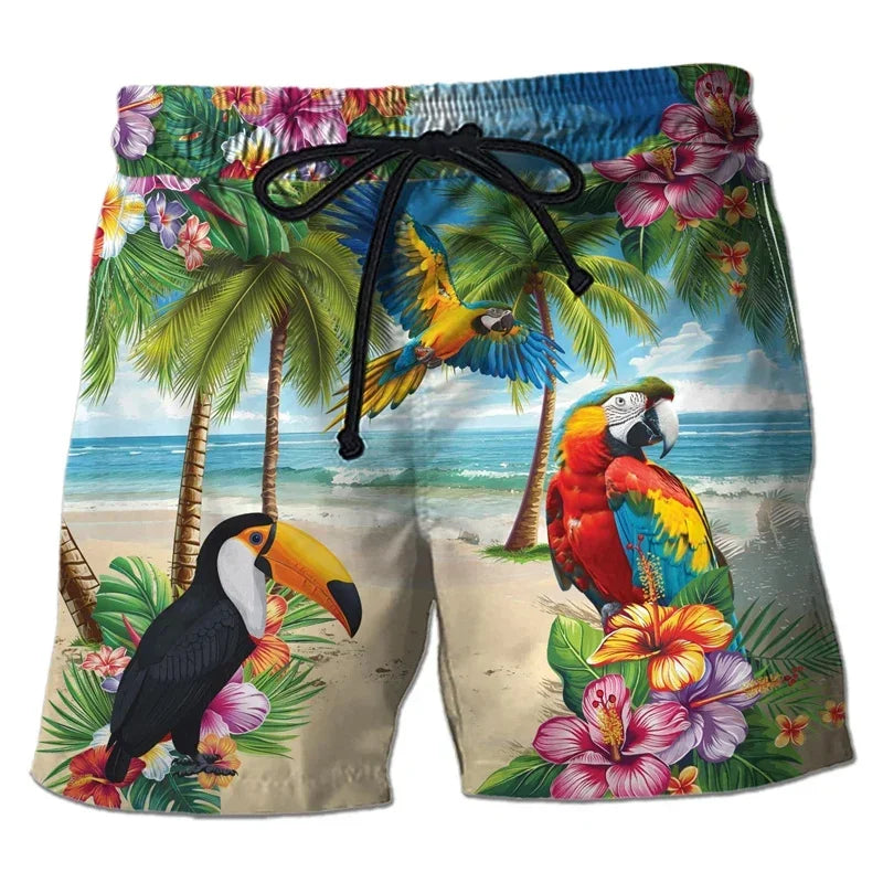 Parrot Toucan Men Tropical Plants Pattern Hawaiian Beach Shorts Surf Board Shorts Quick Dry Swim Trunks