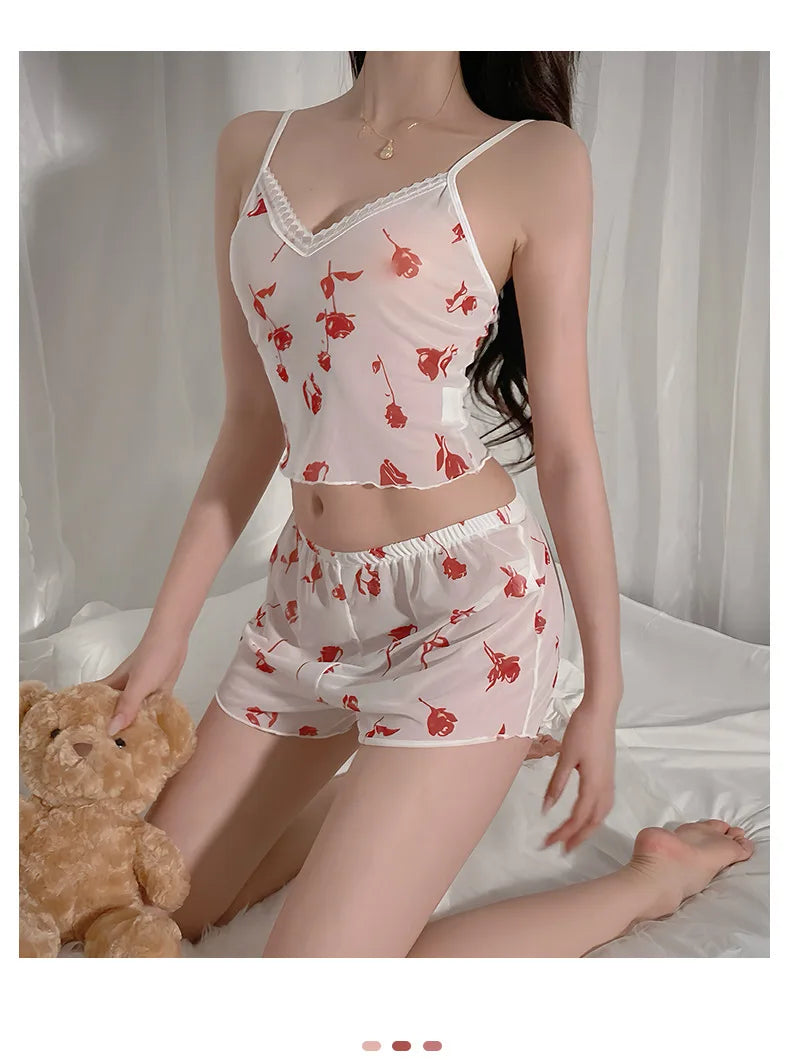 2Pcs Women Sexy Pajama Set Print Mesh Silk Spaghetti Strap Top Shorts Pajama Women Sleepwear Femme Pajamas