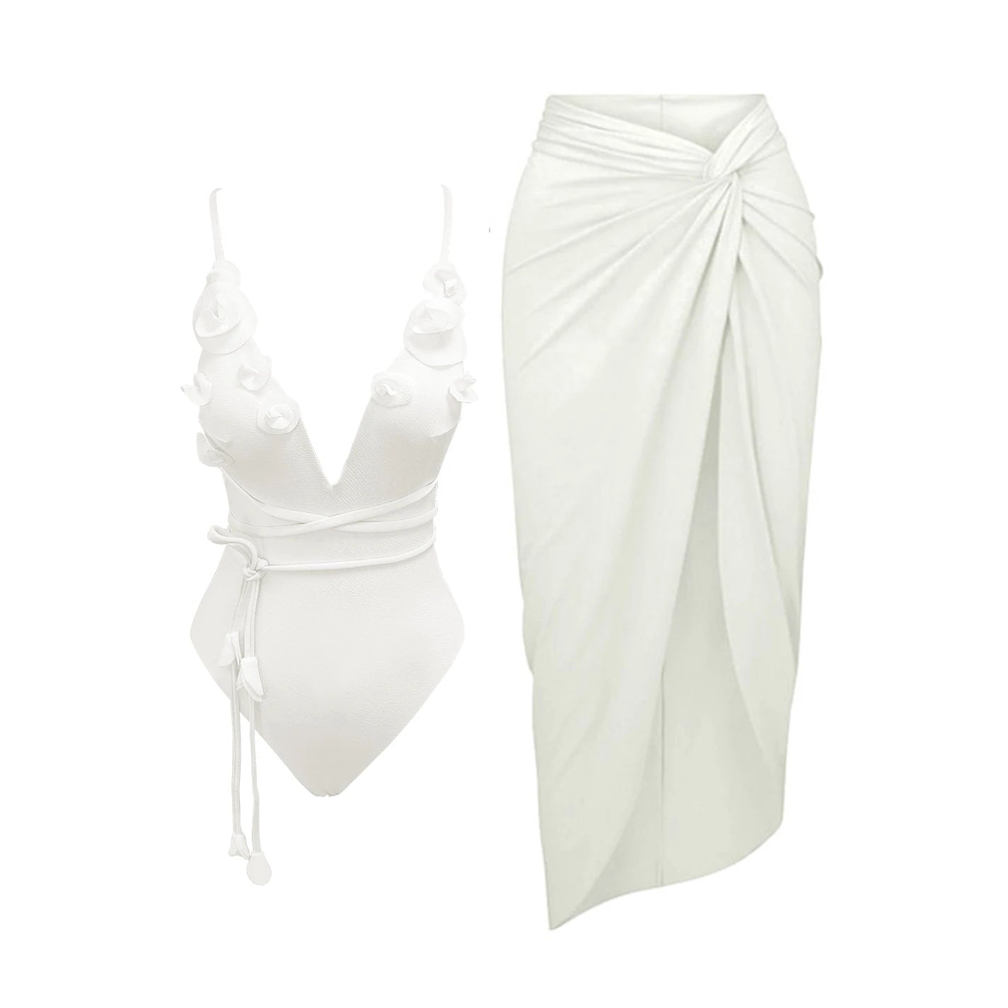 2025 Flower Deep V Neck Swimwear With Cover Up Sexy Woman Swimsuit Off Shoulder Bathingsuit Belt Bikini Summer Suits Beachwear