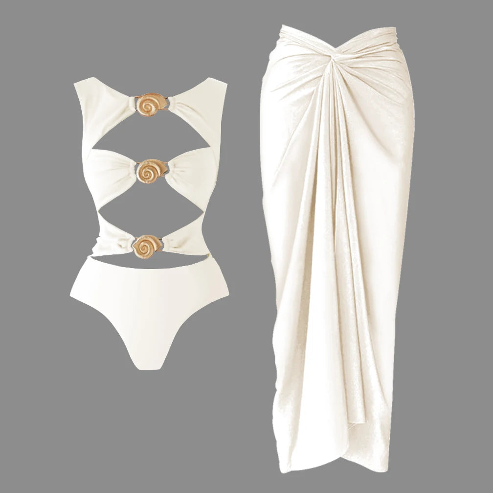 2Pieces White Swimsuit With Long Skirt Women Sexy Swimwear Female Cut Out Bikini Deep V Swimming Suit Shiny Bodysuit Beachwear