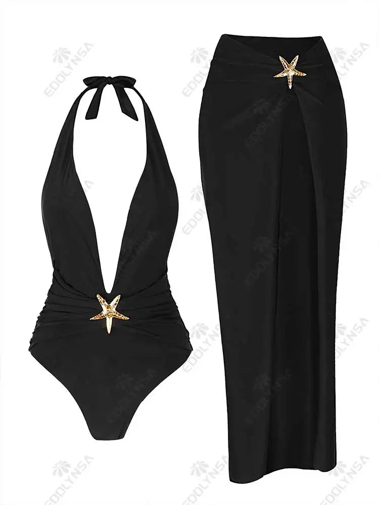 2 Piece Starfish One Piece Bathing Suits with High Split Skirt Cover ups Sexy Halter Bikini Sets K59