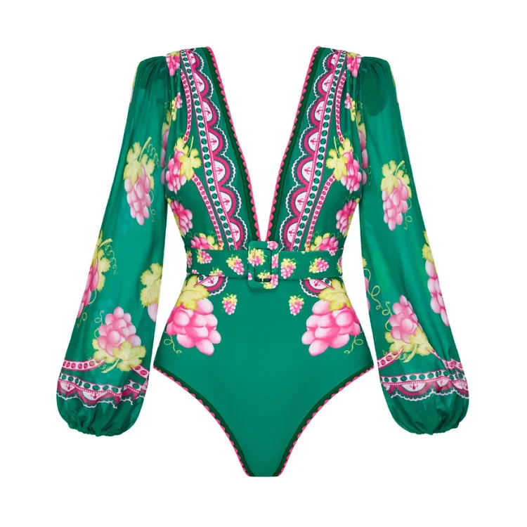 2025 Women Long-sleeved Jungle Green Print One Piece Swimsuit and Skirt Woman Swimwear Summer Bathing Suit