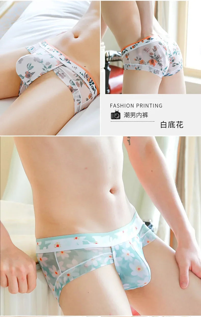 Mens FLORAL Mesh Briefs Summer Breathable Quick Dry Printed Underwear Male Sexy Ultra-thin with Bulge Pouch
