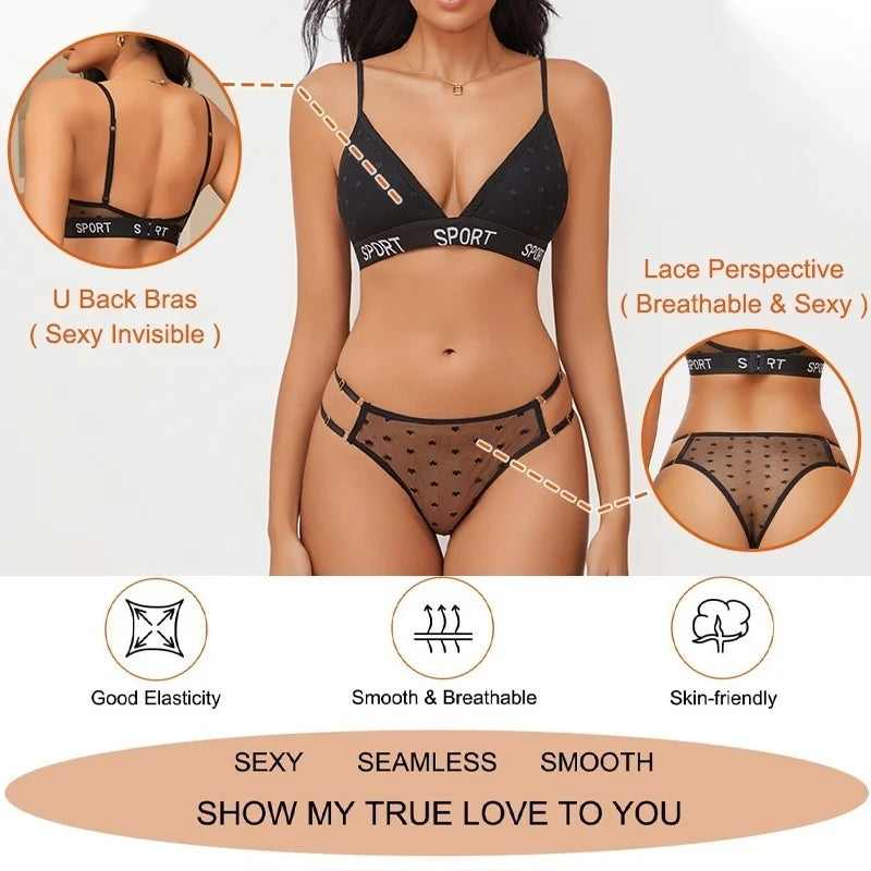 Women Bras Set Dot Push Up Bras Female Transparent Breathable Brazilian Panties Low Waist Bikini Ladies Soft Underwear Set