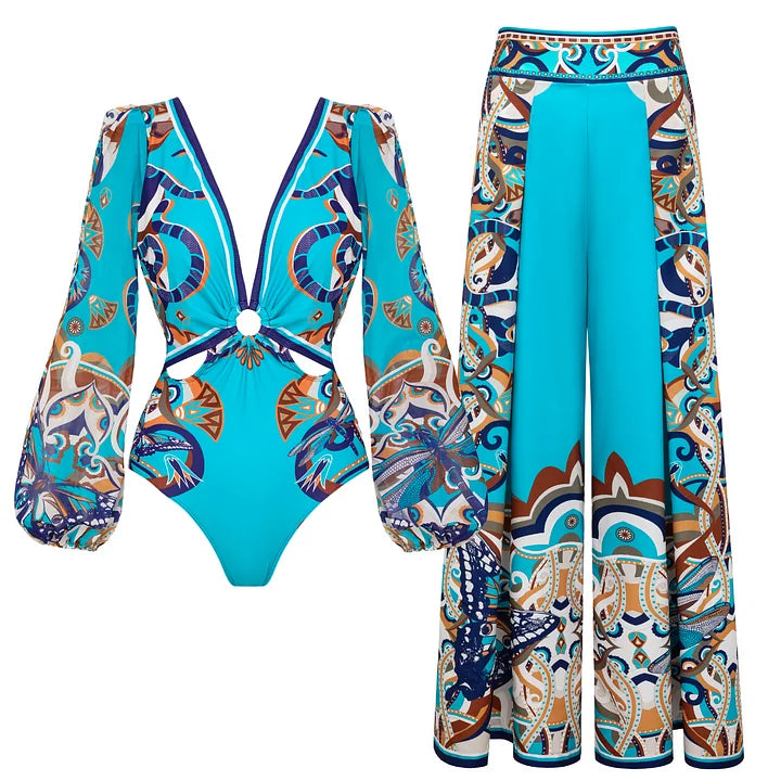 2025 Women Long-sleeved Jungle Green Print One Piece Swimsuit and Skirt Woman Swimwear Summer Bathing Suit