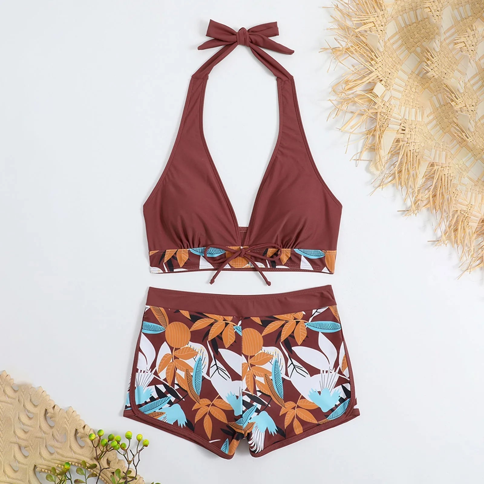 PLANT Bikini shorts Set  High Waist Swimsuit 2 Pieces Plant Print  Bathing Swim Suit Beachwear