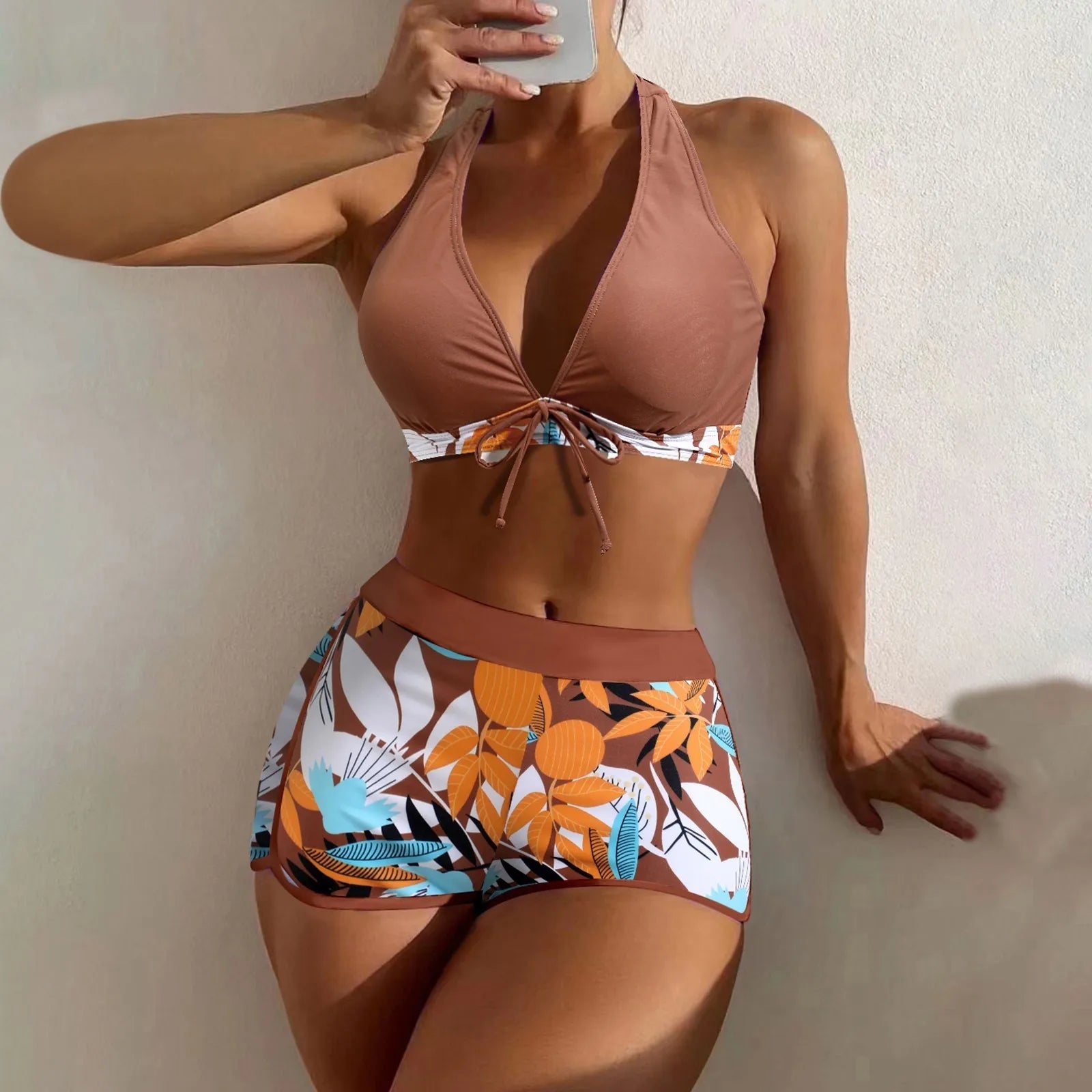 PLANT Bikini shorts Set  High Waist Swimsuit 2 Pieces Plant Print  Bathing Swim Suit Beachwear
