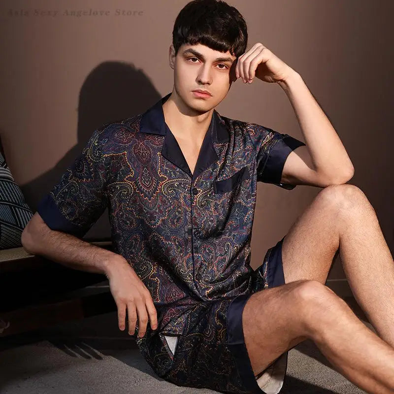 Large Size 3XL Men Pajama 2Pcs Set Summer New Short Sleeve Shorts Pajamas Suit Loose Ice Silk Satin Sleepwear Male Home Clothes
