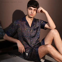 Large Size 3XL Men Pajama 2Pcs Set Summer New Short Sleeve Shorts Pajamas Suit Loose Ice Silk Satin Sleepwear Male Home Clothes